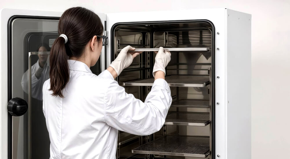 Lab technician wearing white coat and gloves carefully cleans interior shelves of an open PHCbi CO2 incubator.